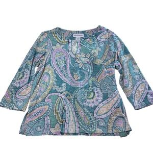 Alfred Dunner Womens Teal Paisley 3/4 Sleeve Lace Rhinestone Blouse Top Medium